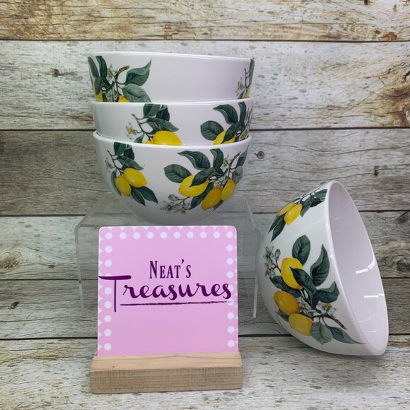 Royal Norfolk LEMON Branch Yellow Green Smooth Stoneware Soup Cereal Bowls Set 4 - Picture 1 of 8